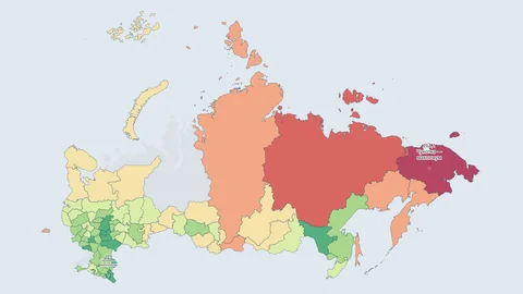Картофель по регионам: Средняя цена килограмма картофеля по субъектам России — из потребительских цен Росстата, где Mapus наблюдает больше пятисот отдельных товаров. Разрыв в пять раз: 49,8 ₽ в Чечне против 261,1 ₽ на Чукотке.