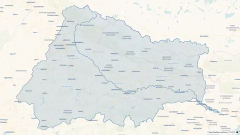 Бассейн Ганга: Не русло, а водосбор — вся область, с которой река собирает воду: миллион квадратных километров от Гималаев до дельты, поверх границ Индии, Непала и Бангладеш. Бассейн выделен у 583 рек, и Mapus находит нужный по названию.